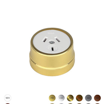 56 Series Socket 10A 250V~ Brown Cover Polished Brass Diameter 50mm Height 29mm